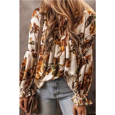 Apricot Gorgeous Floral Split Neck Flounce Sleeve Blouse