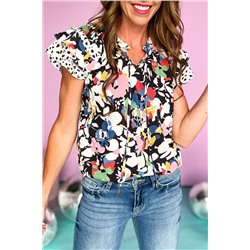 Black Floral Ruffled Flutter Sleeve Tied V Neck Blouse