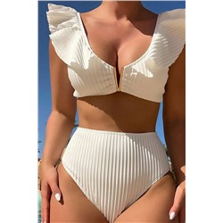 White Textured Ruffled Notched V Neck High Waist Bikini Set