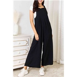 Black Buttoned Straps Crinkled Wide Leg Pocketed Overalls