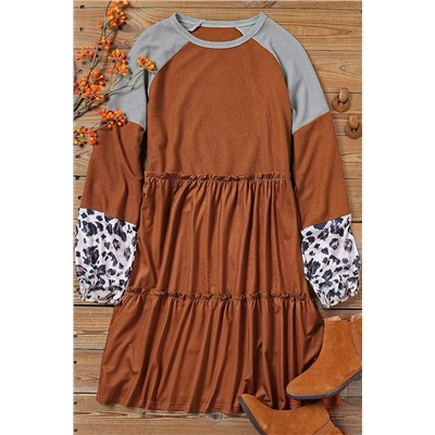 Gold Flame Plus Size Waffle Leopard Long Sleeve Ruffle Mini Dress