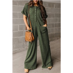 Jungle Green Textured Side Pockets Buttoned Wide Leg Jumpsuit