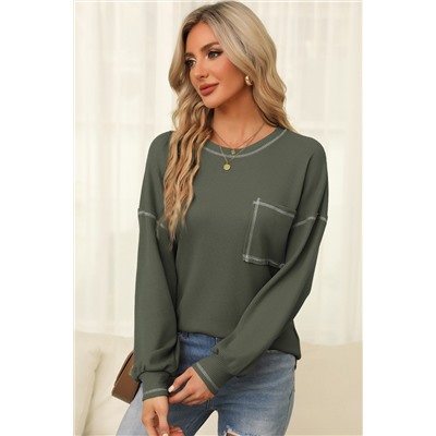 Mist Green Contrast Exposed Stitching Waffle Knit Blouse