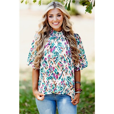 Light Blue Abstract Print Puff Sleeve Mock Neck Blouse