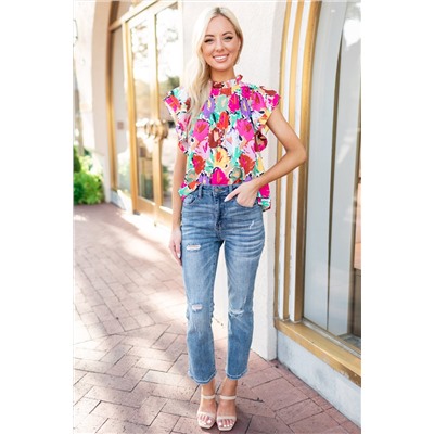 Multicolor Abstract Floral Print Frilled Neck Pleated Blouse