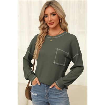 Mist Green Contrast Exposed Stitching Waffle Knit Blouse