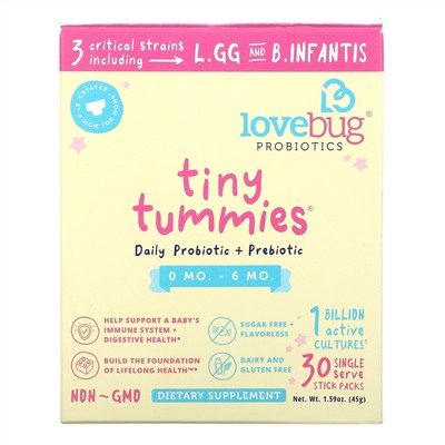 LoveBug Probiotics, Tiny Tummies, пробиотики и пребиотики для ежедневного приема, от 0 до 6 месяцев, 1 миллиард КОЕ, 30 отдельных порционных стиков по 1,5 г (0,05 унции)