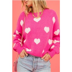 Bright Pink Fuzzy Valentine Hearts Drop Shoulder Sweater