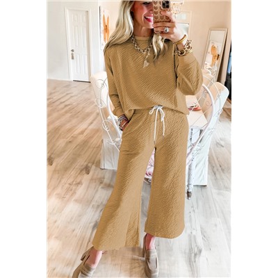 Light French Beige Textured Long Sleeve Top Drawstring Pants Set