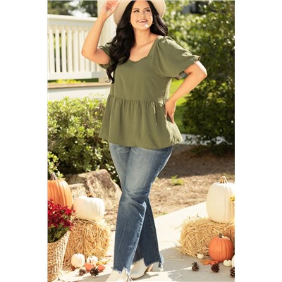 Jungle Green Solid Short Sleeve Square Neck Plus Babydoll Top