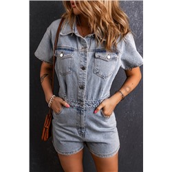 Light Blue Vintage Washed Buttons Pocketed Denim Romper