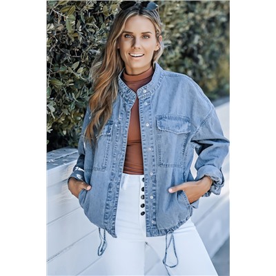 Sky Blue Roll-Up Tab Sleeve Button Down Pocket Denim Jacket