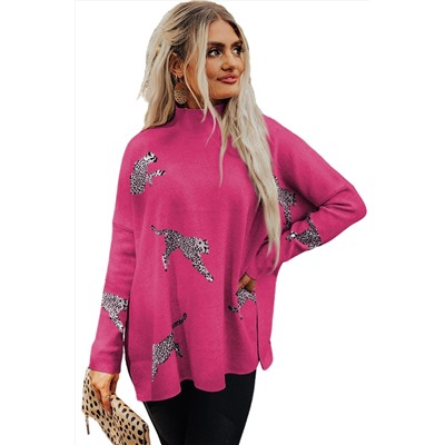 Rose Red Lively Cheetah Print High Neck Split Hem Sweater