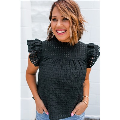 Black Hollowed Texture Ruffle Sleeve Blouse