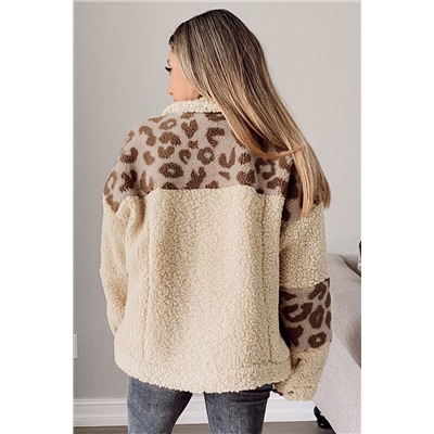 Beige Leopard Patchwork Snap Buttons Sherpa Jacket