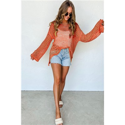 Orange Open Knit Crochet Bell Sleeve Tunic Sweater