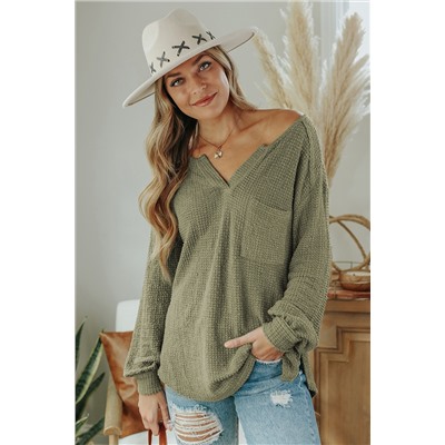 Green Waffle Knit Split Neck Pocketed Loose Top