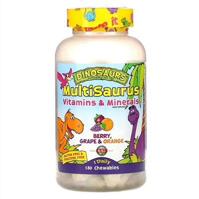 KAL, MultiSaurus, витамины и минералы, ягоды, виноград и апельсин, 180 жевательных таблеток