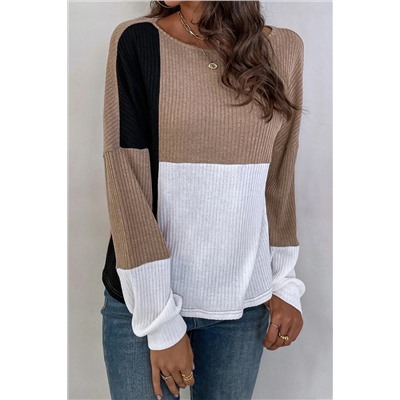 Parchment Ribbed Knit Color Block Drop Shoulder Top