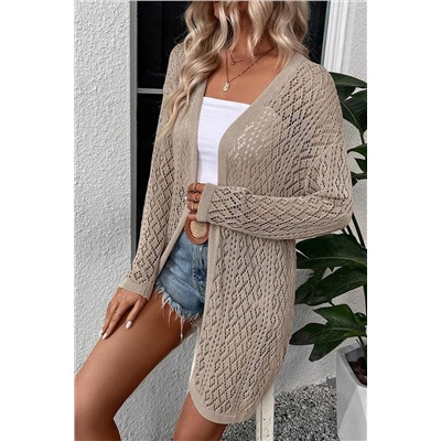 Smoke Gray Solid Color Pointelle Knit Open Front Cardigan