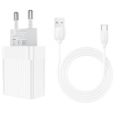 Адаптер Сетевой с кабелем Borofone BA47A Mighty QC3.0 USB 3A/18W (USB/Type-C) (white)