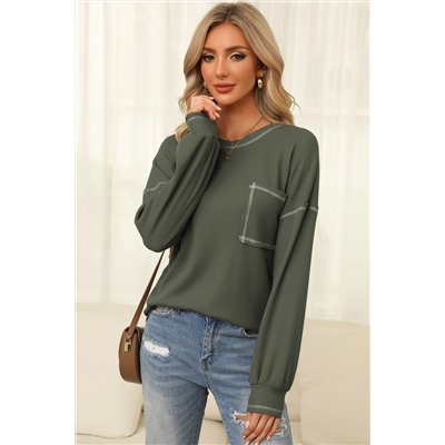 Mist Green Contrast Exposed Stitching Waffle Knit Blouse