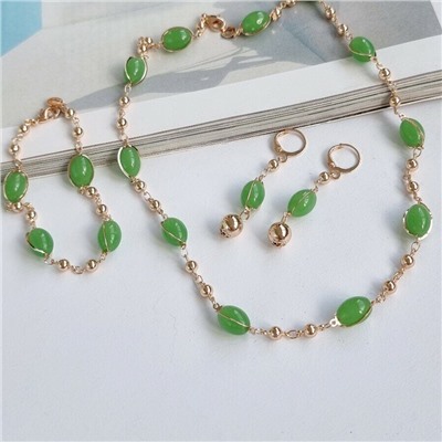 Комплект: ожерелье, серьги и браслет, покрытие: дубайское золото, цвет камней: зеленый, 54168,арт. 214.202