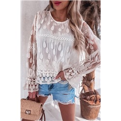 Beige Embroidered Mesh Flounce Sleeve Blouse