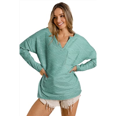 Green Textured Split Neck Long Sleeve Top