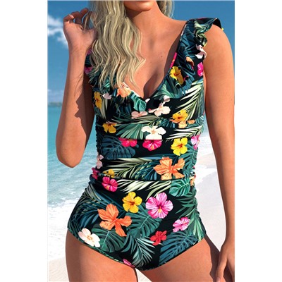 Green Floral Print Ruffled V Neck Ruched One Piece Swimwear