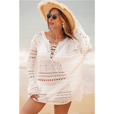 White Lace-up V Neck Hollow Out Knitted Long Sleeve Cover Up