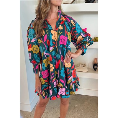 Green Floral Print Puff Sleeve Ruffled Mini Dress