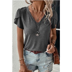 Carbon Grey Fashion Petal Sleeve V Neck T Shirt