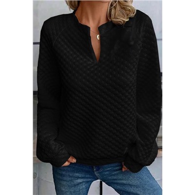 Black Split Neck Quilted Long Sleeve Top