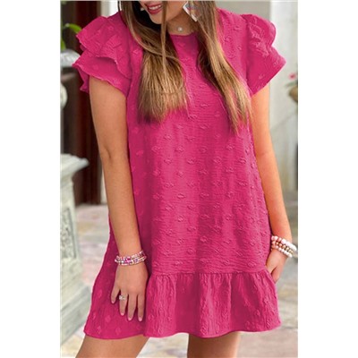 Strawberry Pink Plus Size Jacquard Short Ruffle Sleeve Mini Dress