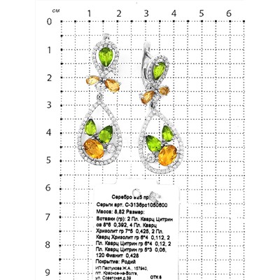 Серьги из серебра с пл.кварцем цв.хризолит, цв.цитрин и фианитами родированные