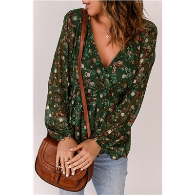 Green Floral Print Wrap V Neck Peplum Top