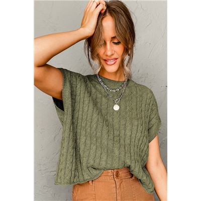 Jungle Green Crew Neck Cable Knit Short Sleeve Sweater