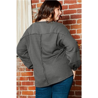 Dark Grey Plus Size Exposed Seam Crinkle Patchwork Top