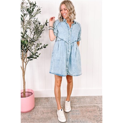 Beau Blue Mineral Wash Ruffled Short Sleeve Buttoned Denim Dress