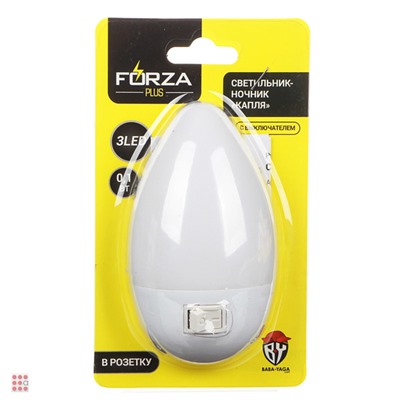 FORZA Ночник в розетку с выкл, 3LED-одноцвет, пластик, 5х9х6,5см, 220-240В, 0,1Вт, "Капля", 4 цв