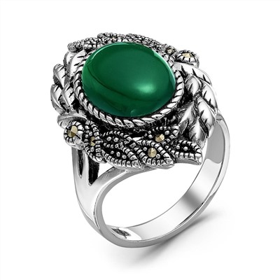 Кольцо из чернёного серебра с нат.зелёным агатом и марказитами