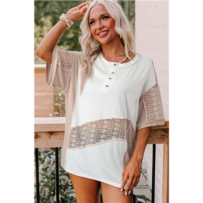 White Lace Splicing Ribbed Patchwork Short Sleeve Henley Top