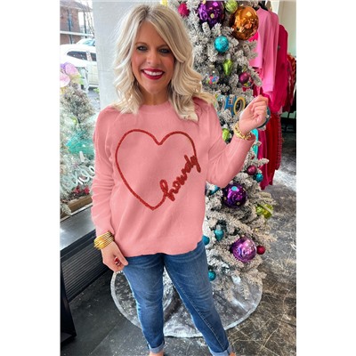 Pink Howdy Heart Graphic Round Neck Casual Sweater