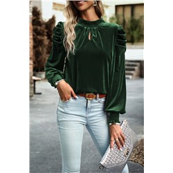 Blackish Green Mock Neck Puff Sleeve Velvet Blouse