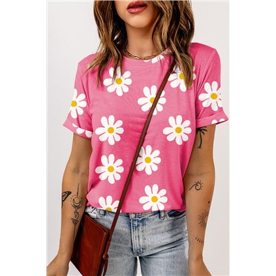 Pink Daisy Printed Crewneck T Shirt