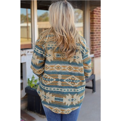 Blue Western Aztec Print Button Flap Pocket Shacket