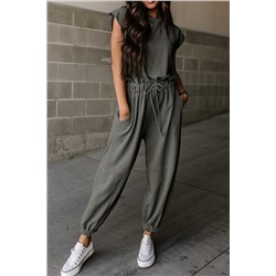 Medium Grey Cap Sleeve Open Back Drawstring Jogger Jumpsuit