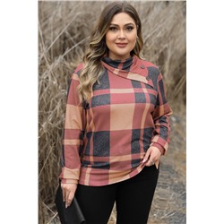 Mineral Red Plus Size Plaid Print Button Decor Asymmetric Neck Top