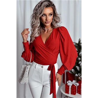 Fiery Red Glitter Wrap V Neck Tie Hem Puff Sleeve Blouse